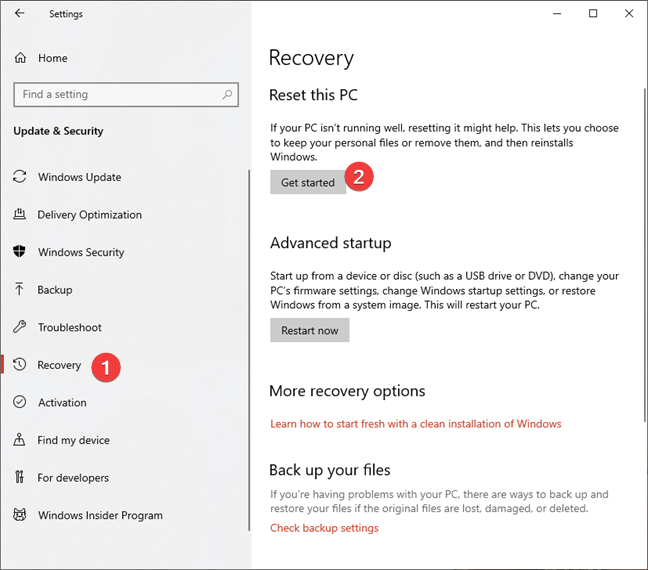 Get started with the reset process in Windows 10