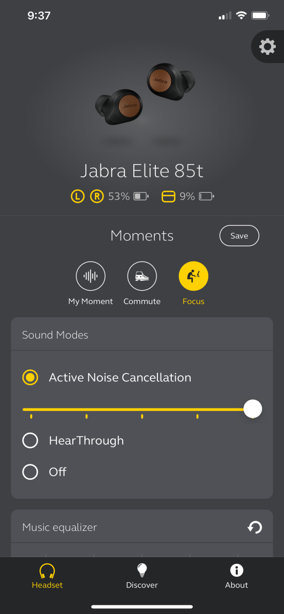 Active noise canceling settings in the Jabra Sound+ app