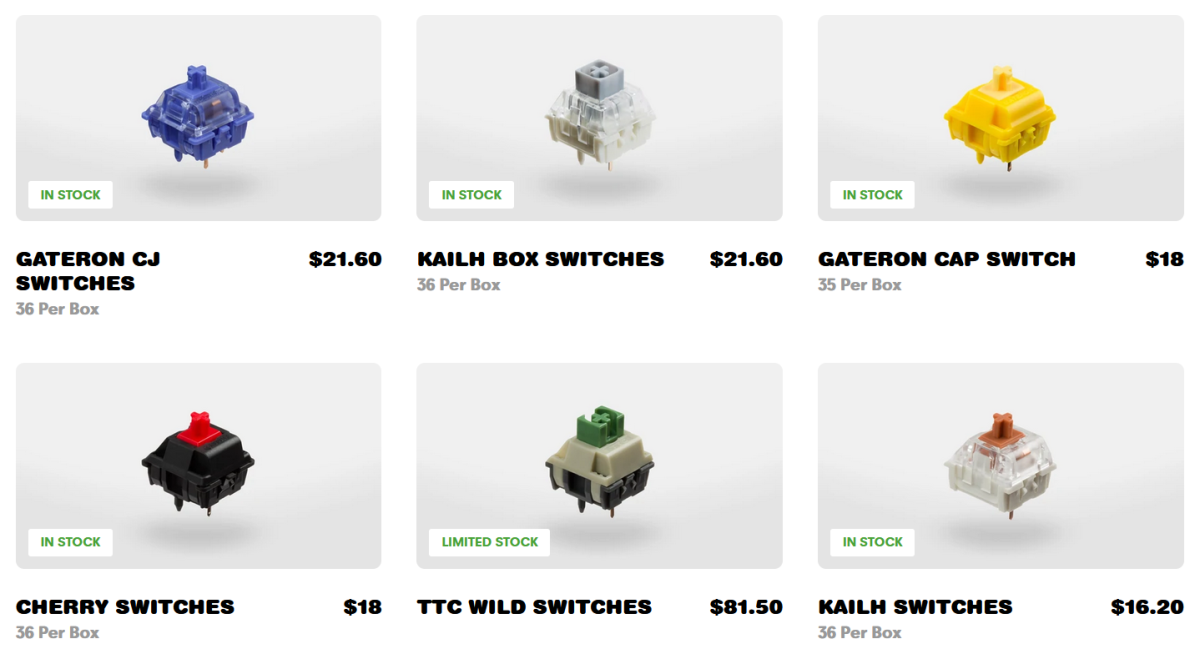 A screenshot from NovelKeys.com switch listings.