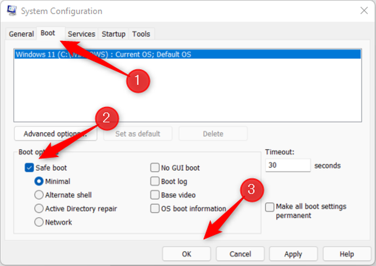 Choose the safe boot option