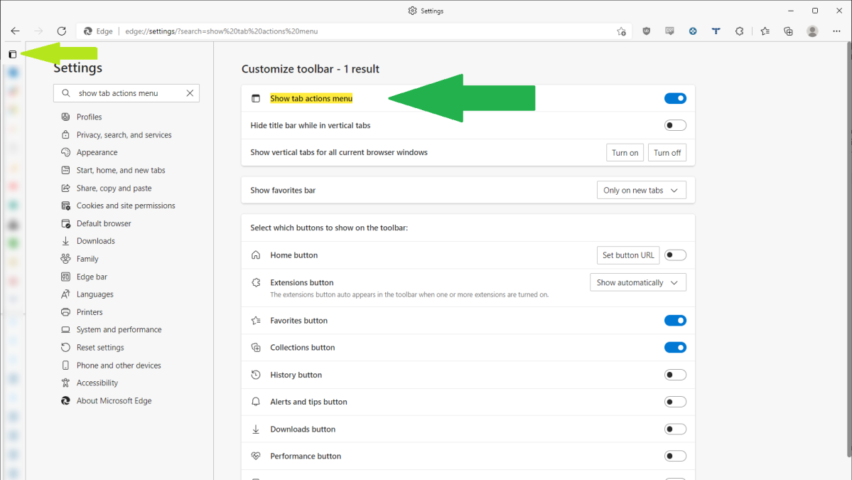 Edge settings showing the "Show tab actions menu" option