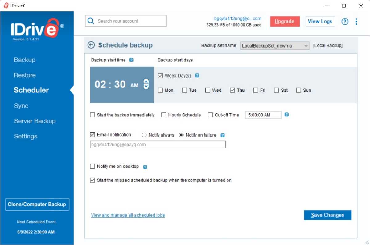 Scheduling a local backup in iDrive