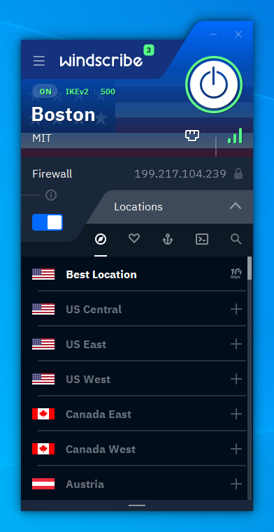 Windscribe VPN screen