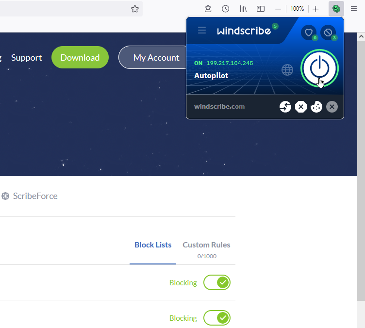 Windscribe VPN screen