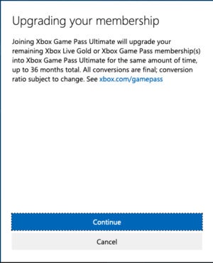 Xbox Game Pass Ultimate upgrade confirmation