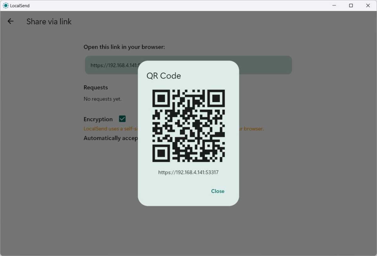 LocalSend file sharing with a QR code instead of the app.