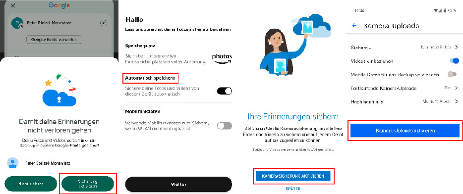 Unterschiedliche Apps, gleiches Prinzip: Die Smartphone-Apps von Google, Amazon, Microsoft und Dropbox (von links) speichern Fotos automatisch in der Cloud.