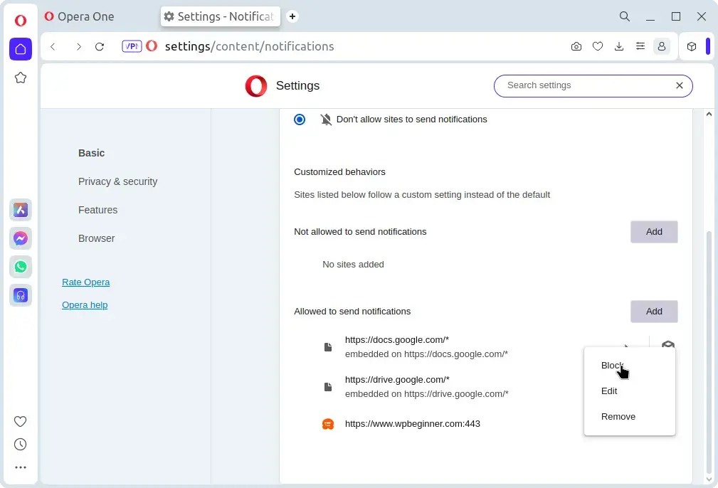 Block Website Notifications on Opera