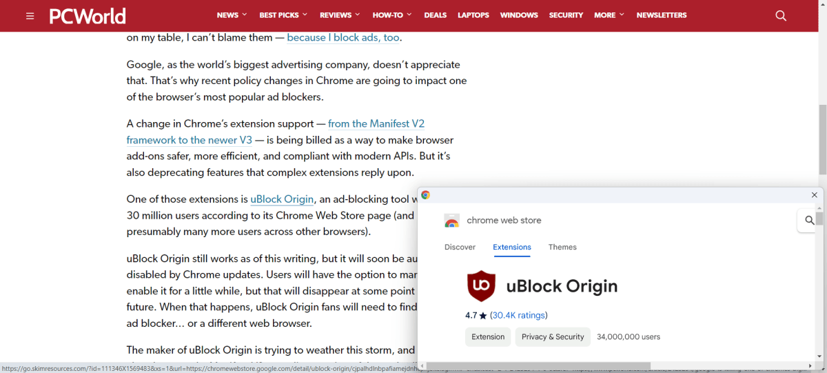 Chrome Link Preview feature in action with page preview in popup window