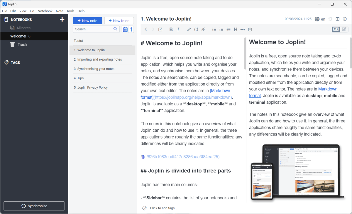Joplin screenshot as best note-taking app for students