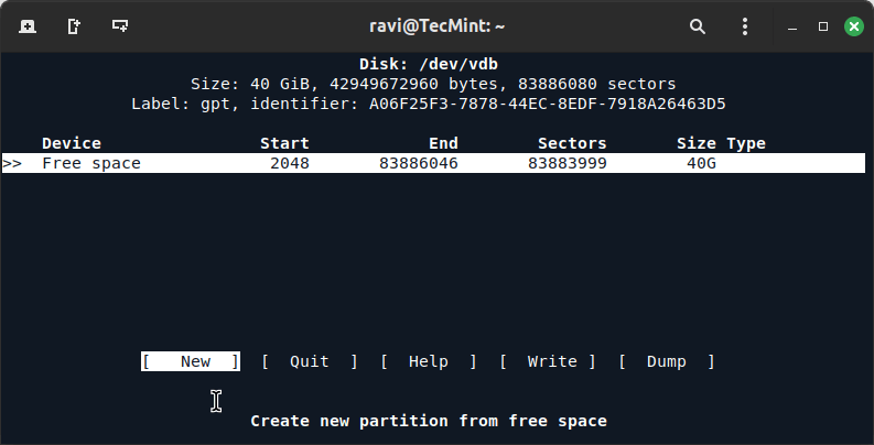 cfdisk Interactive Mode