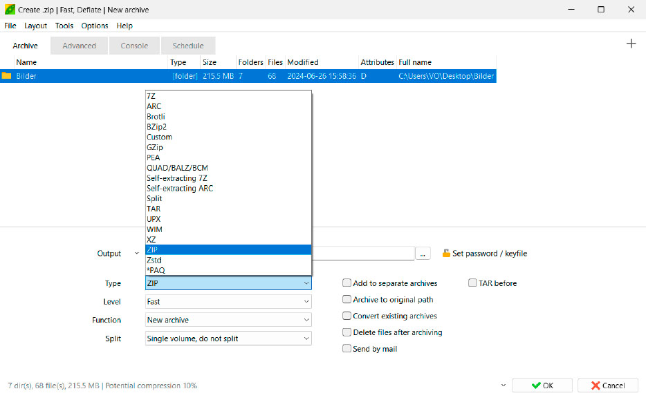 Pea Zip erstellt gepackte Archive Ihrer Dateien. Dabei können Sie aus zahlreichen Typen wie Zip und 7z wählen und auch Zeitpläne für automatische Archivierungen erstellen.