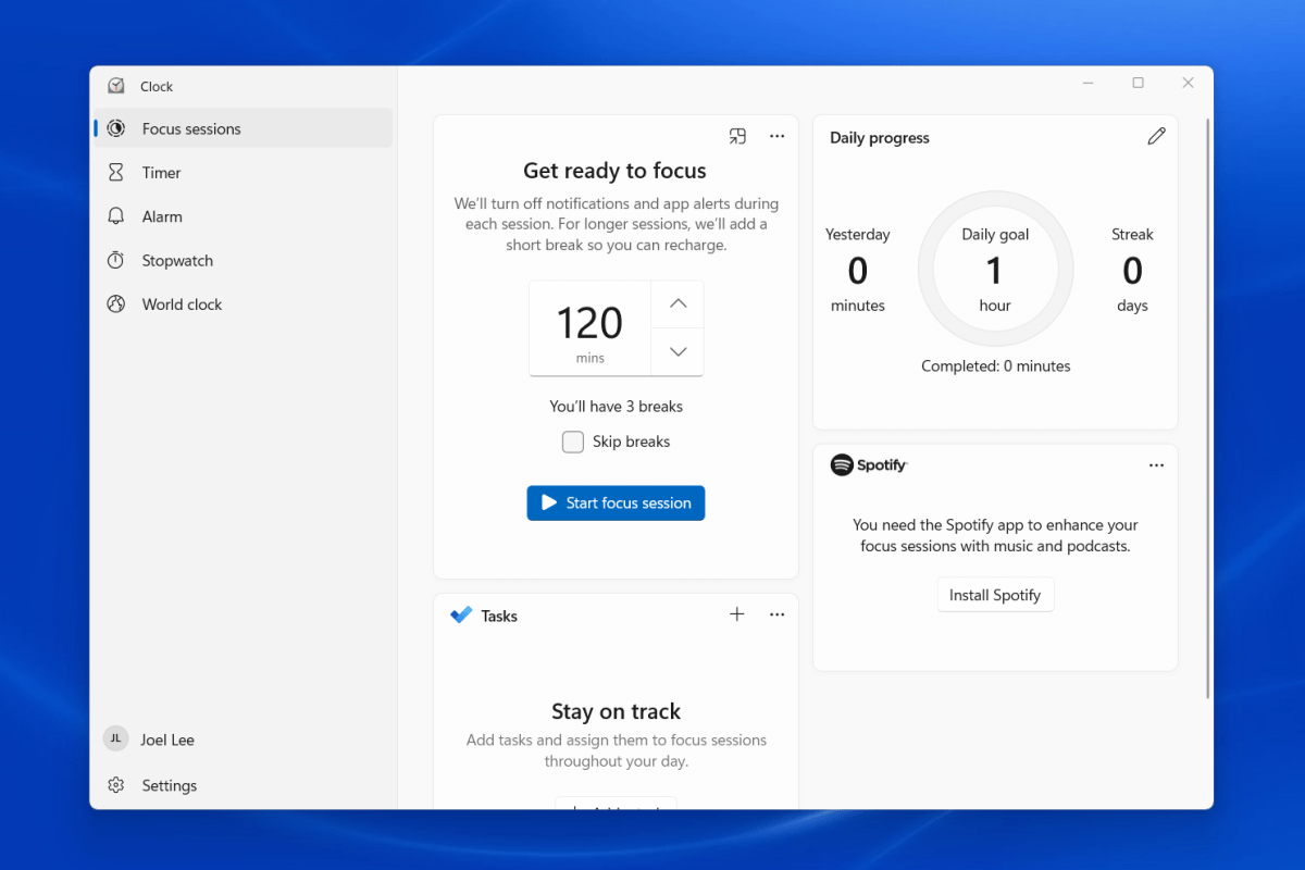 Windows 11 Focus Sessions feature in the Clock app screenshot