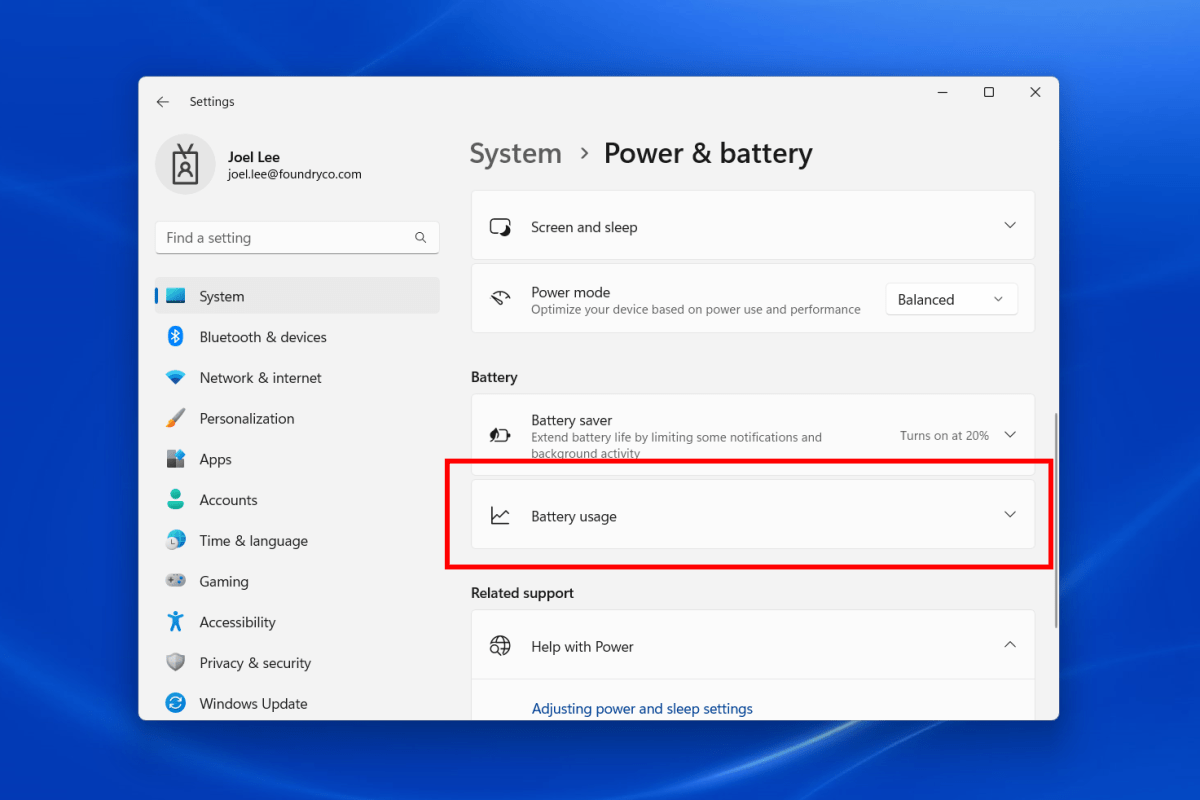 Windows 11 Battery Usage setting for energy-sucking apps screenshot