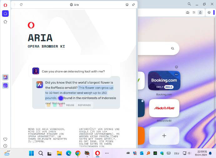 Die KI Aria ist fest in den Opera-Browser integriert und ermöglicht direkte Fragen beispielsweise zu Begriffen auf Webseiten. Außerdem können Sie in Opera direkt auf ChatGPT und ChatSonic verlinken.