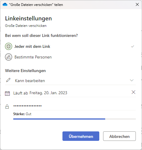 Bei den „Linkeinstellungen“ von Onedrive können Sie unter anderem ein Passwort und eine Gültigkeitsdauer definieren.