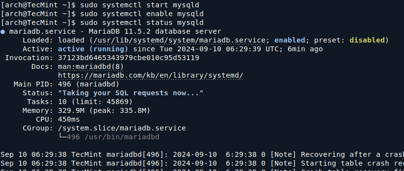 Check MySQL Status on Arch Linux