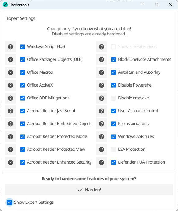 Die Hardentools bestehen im Wesentlichen aus einer Liste mit Windows-Tweaks und -Optionen, mit denen Sie das Betriebssystem sicherer machen können.