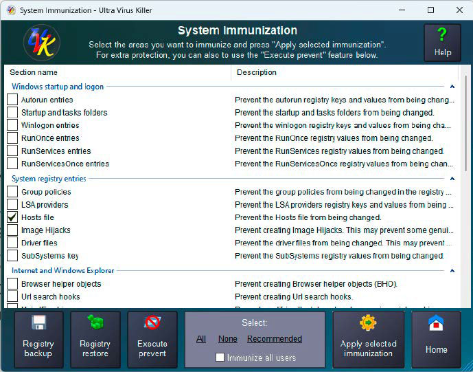 Über die „System Immunization“ des Ultra Virus Killer können Sie unter anderem die hosts-Datei vor Bearbeitungen schützen.