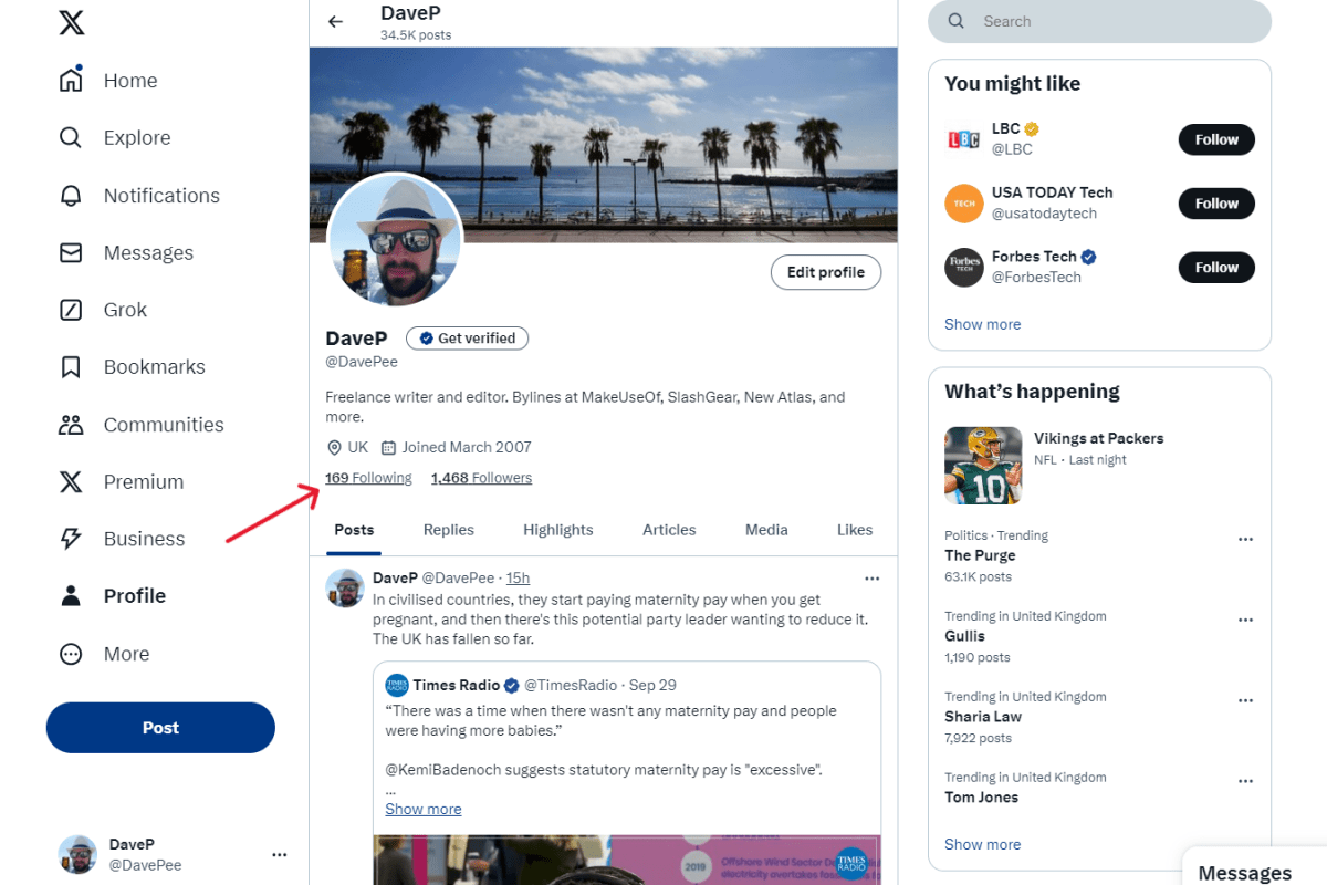 X Twitter screenshot with red arrow pointing to Following count