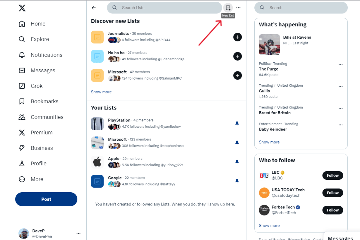X Twitter screenshot with red arrow pointing to New List button