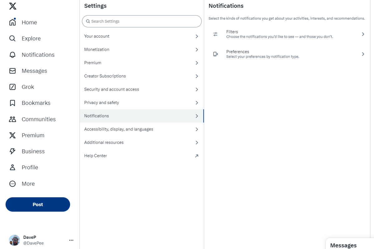 X Twitter settings page section for Notifications screenshot