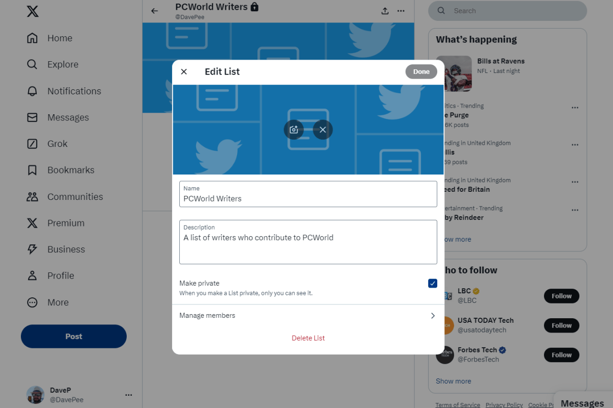 X Twitter screenshot of Edit List functionality