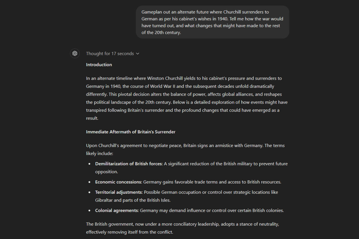 ChatGPT actual real-world use creative alternate history screenshot