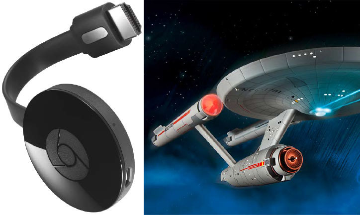 Die zweite Version des Google Chromecast (links im Bild) trägt die Modellnummer NC2-6A5 – eine versteckte Reverenz an die Enterprise NCC-1701 aus „Star Trek“ (rechts).