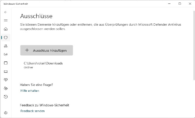 In jedem Antivirenprogramm wie hier beispielsweise im Windows Defender können Sie einstellen, welche Ordner die Software nicht überwachen soll.