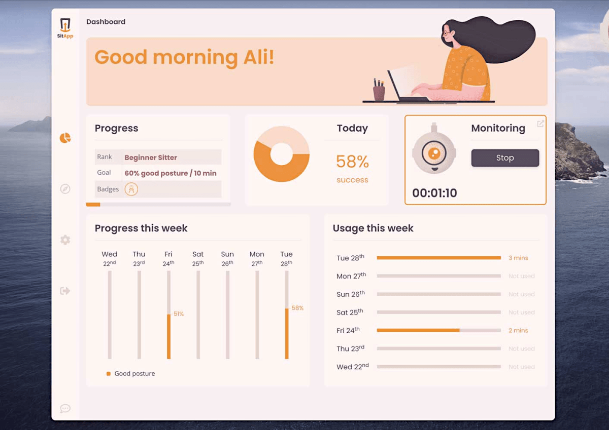 SitApp dashboard screenshot showing posture-related progress