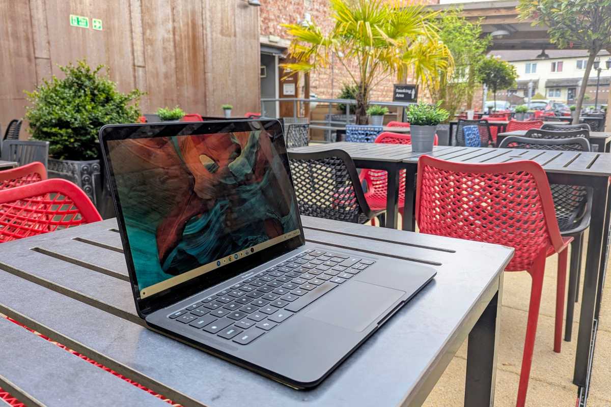 Chromebook laptop being used at an outdoor cafe