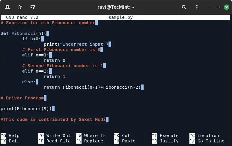 Python Code Highlighted in Nano