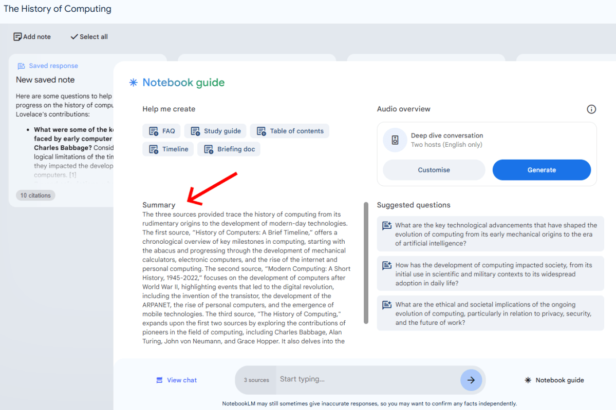 Notebook guide generated summary in Google NotebookLM screenshot