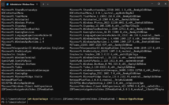 Mit entsprechenden Befehlen in der Windows- Powershell lassen sich installierte Apps ebenfalls entfernen.