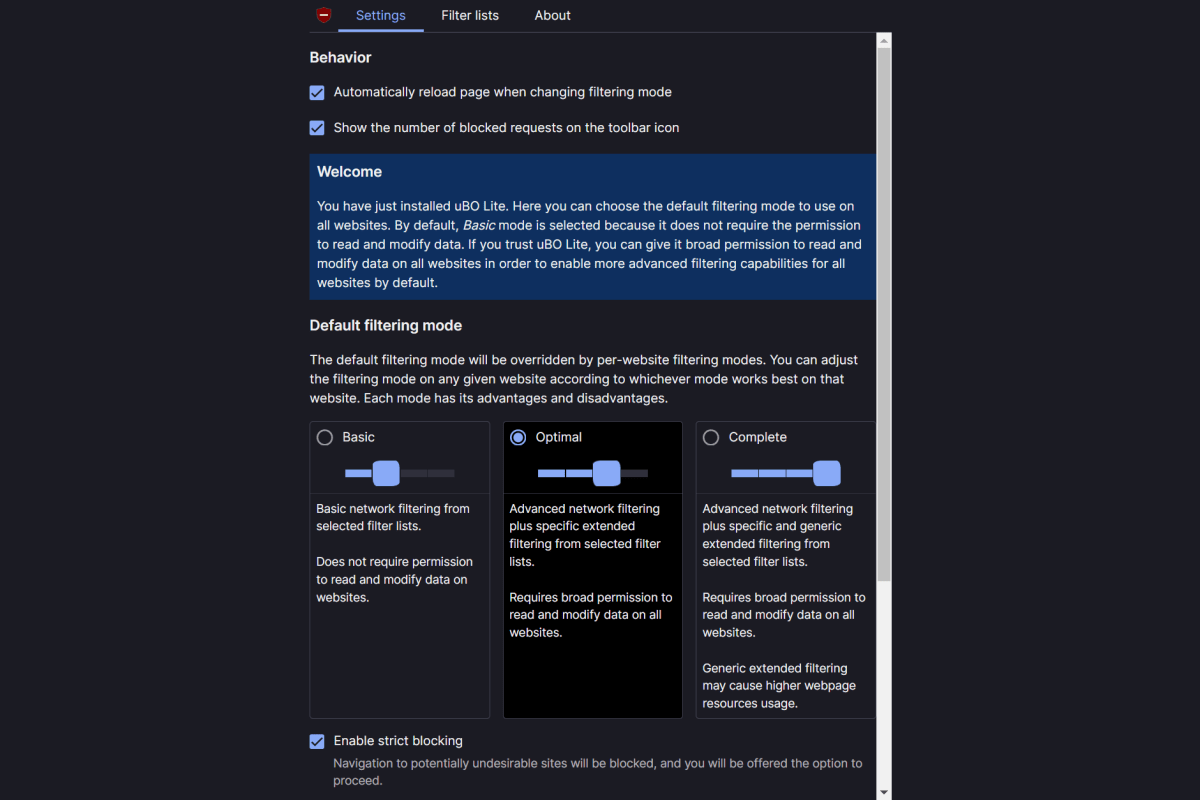 uBlock Origin Lite settings