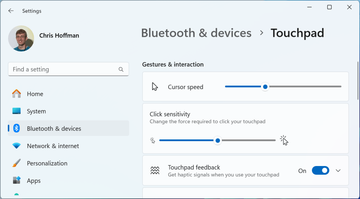 Windows 11 Settings for haptic touchpad options screenshot