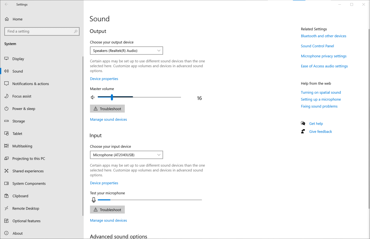 Windows Sound Settings general screen (active output & mic)