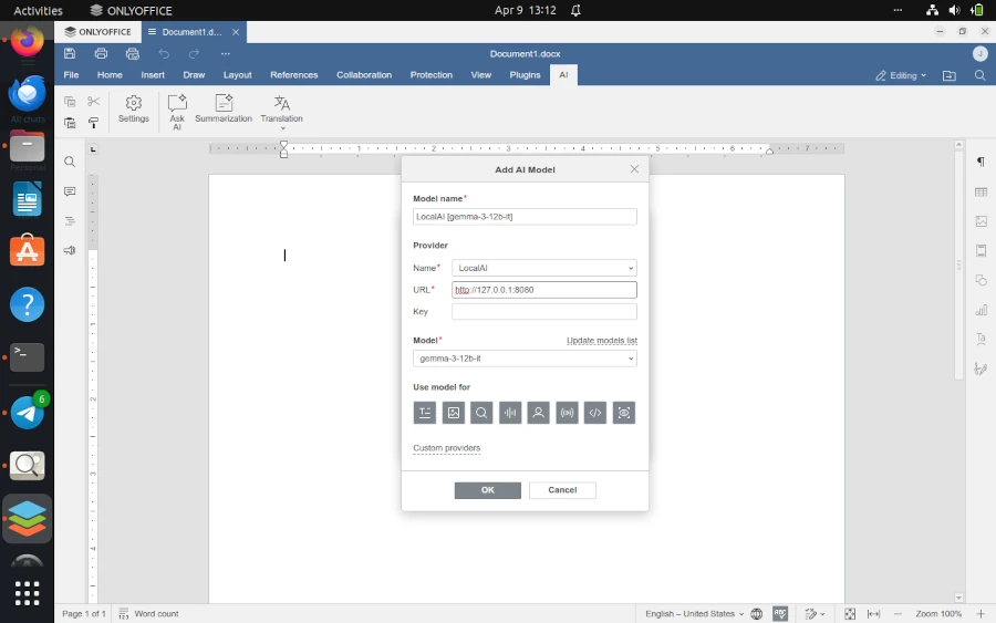 Fill LocalAI Model in OnlyOffice